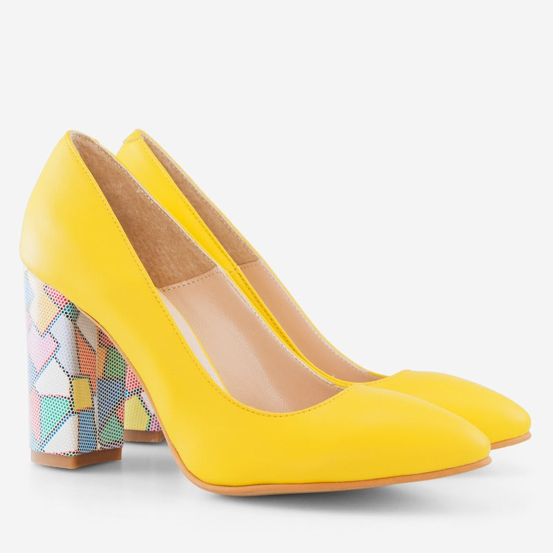 Pantofi Galben/Multicolor varf ascutit cu toc gros D17 - orice culoare