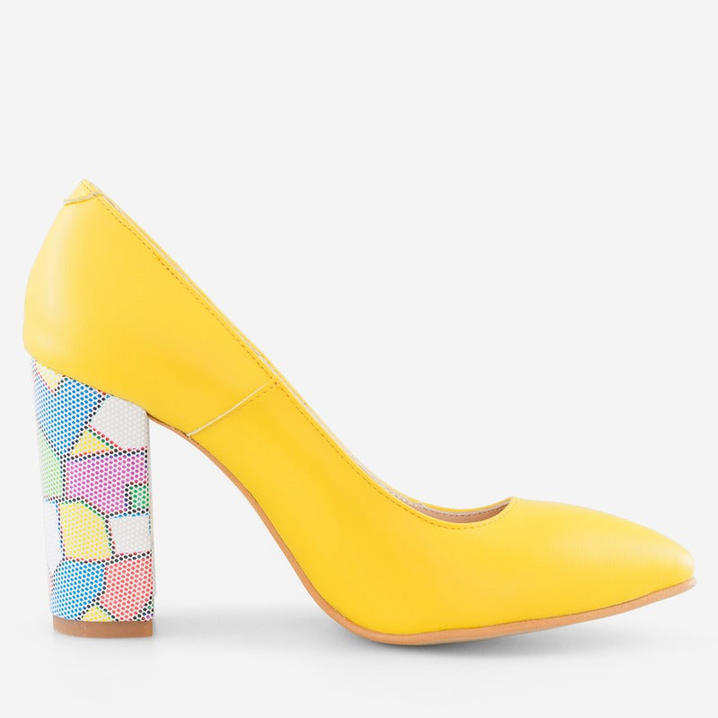 Pantofi Galben/Multicolor varf ascutit cu toc gros D17 - orice culoare