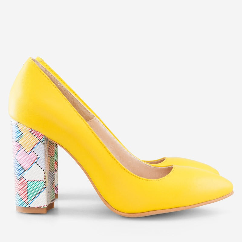 Pantofi Galben/Multicolor varf ascutit cu toc gros D17 - orice culoare