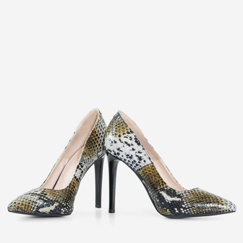 Pantofi Stiletto Piele Imprimeu Sarpe Maro/Albastru D40 - Orice Culoare