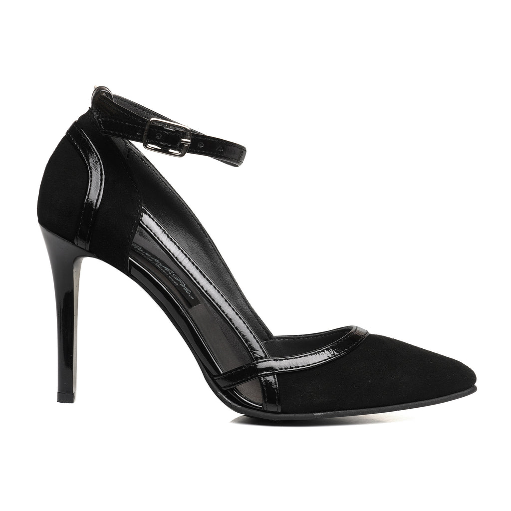 Pantofi Stiletto Piele Intoarsa Negru Cu Bareta  V90 - orice culoare