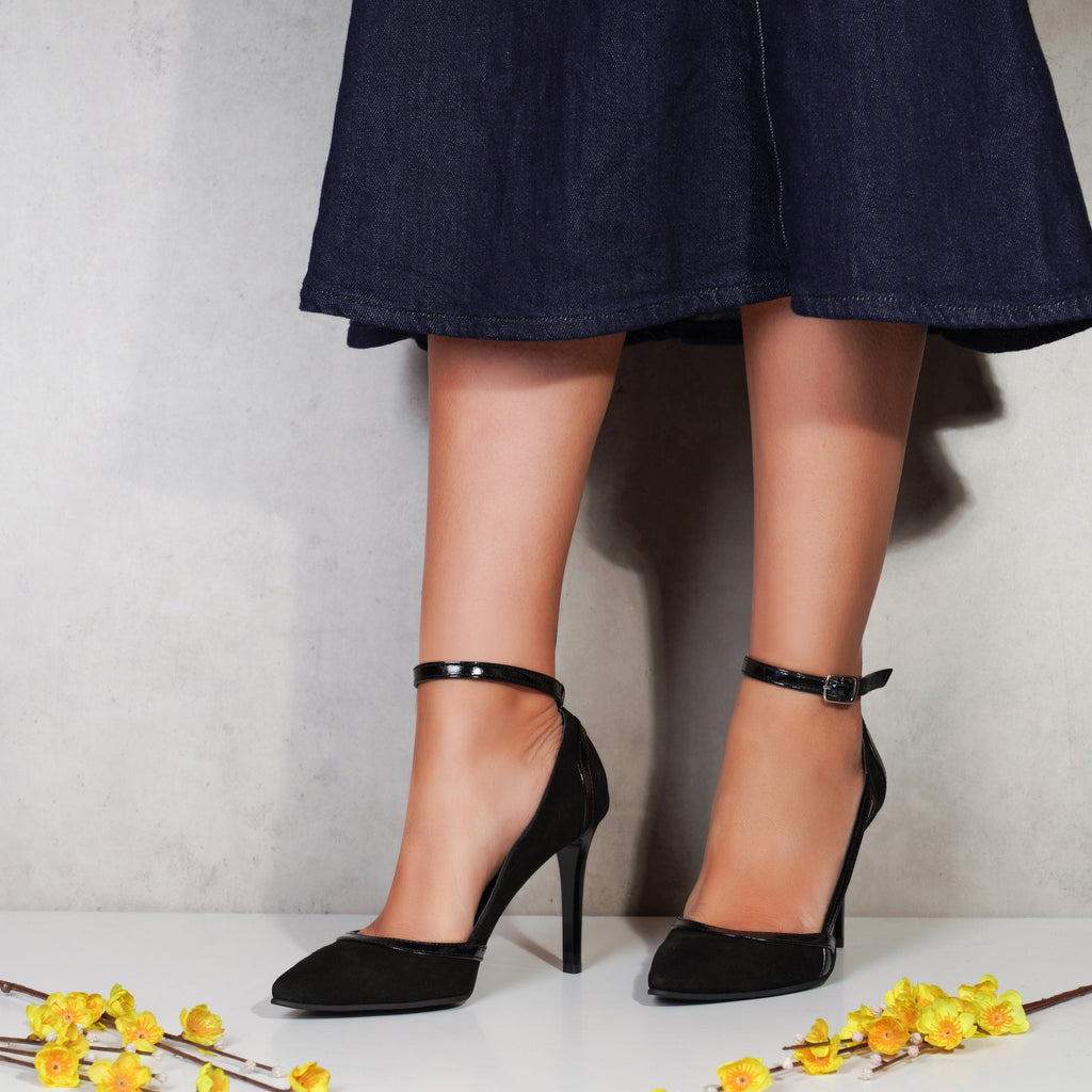 Pantofi Stiletto Piele Intoarsa Negru Cu Bareta  V90 - orice culoare