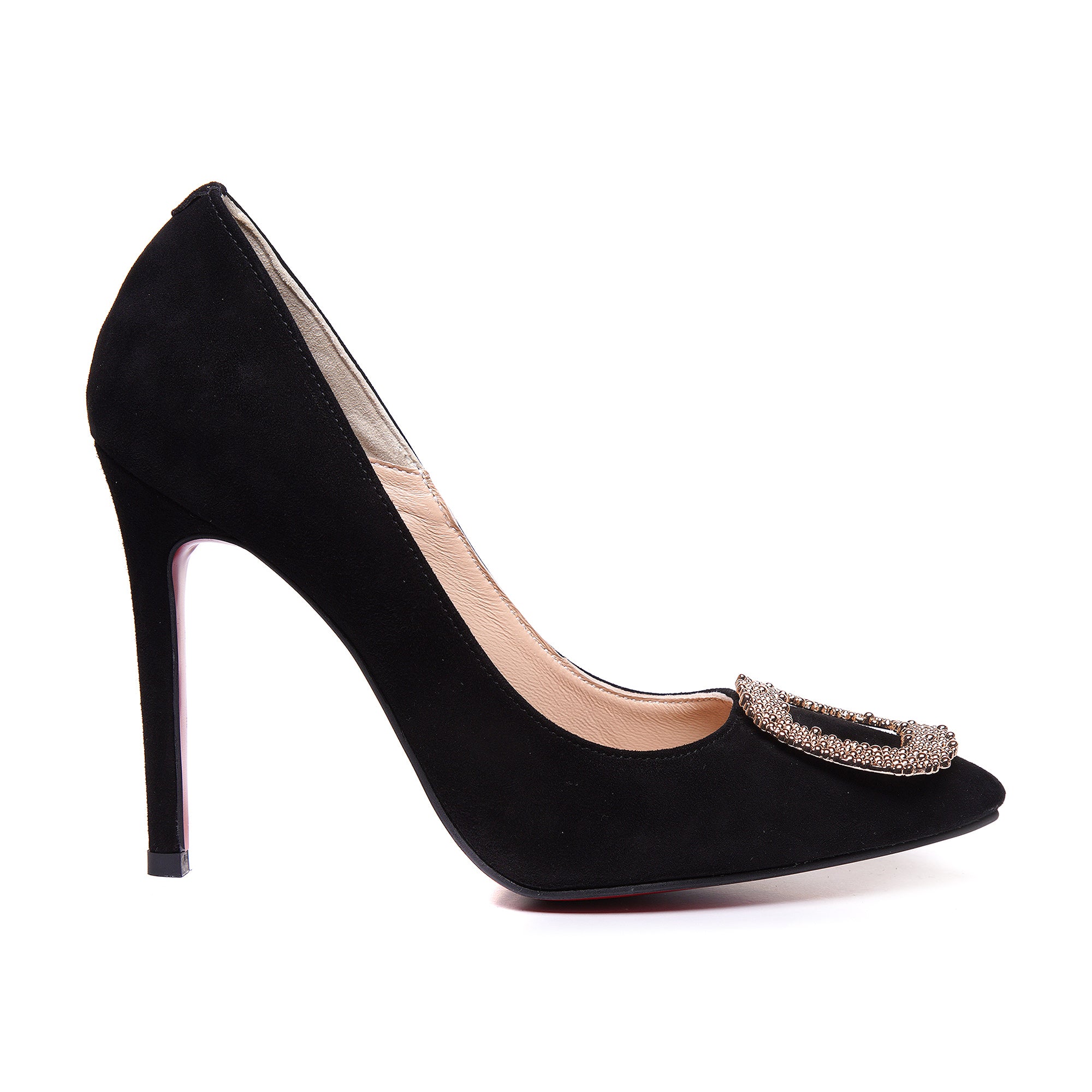 Pantofi Stiletto Piele Intoarsa Negru Brosa Aurie L 40- Orice Culoare