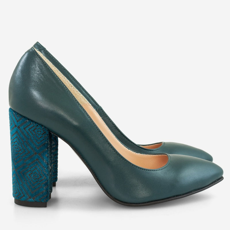 Pantofi Verde Petrol/Toc Model varf ascutit cu toc gros D17 - orice culoare