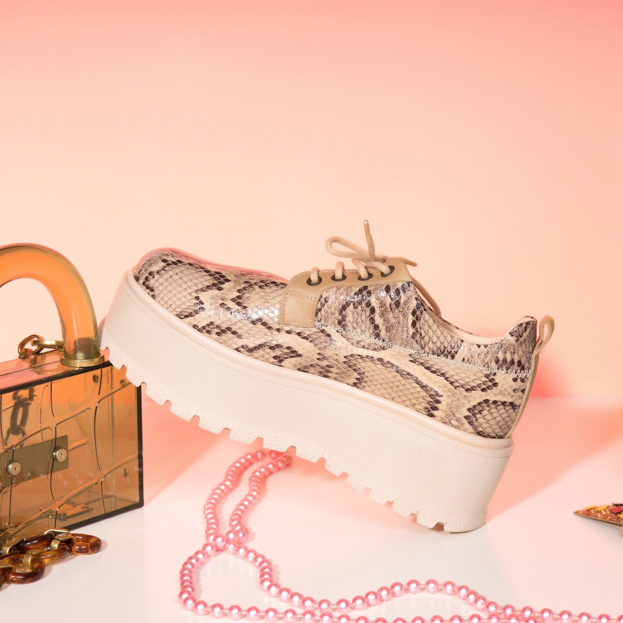 Pantofi Talpa Inalta Imprimeu Piele Sarpe Bej T81  -  orice culoare