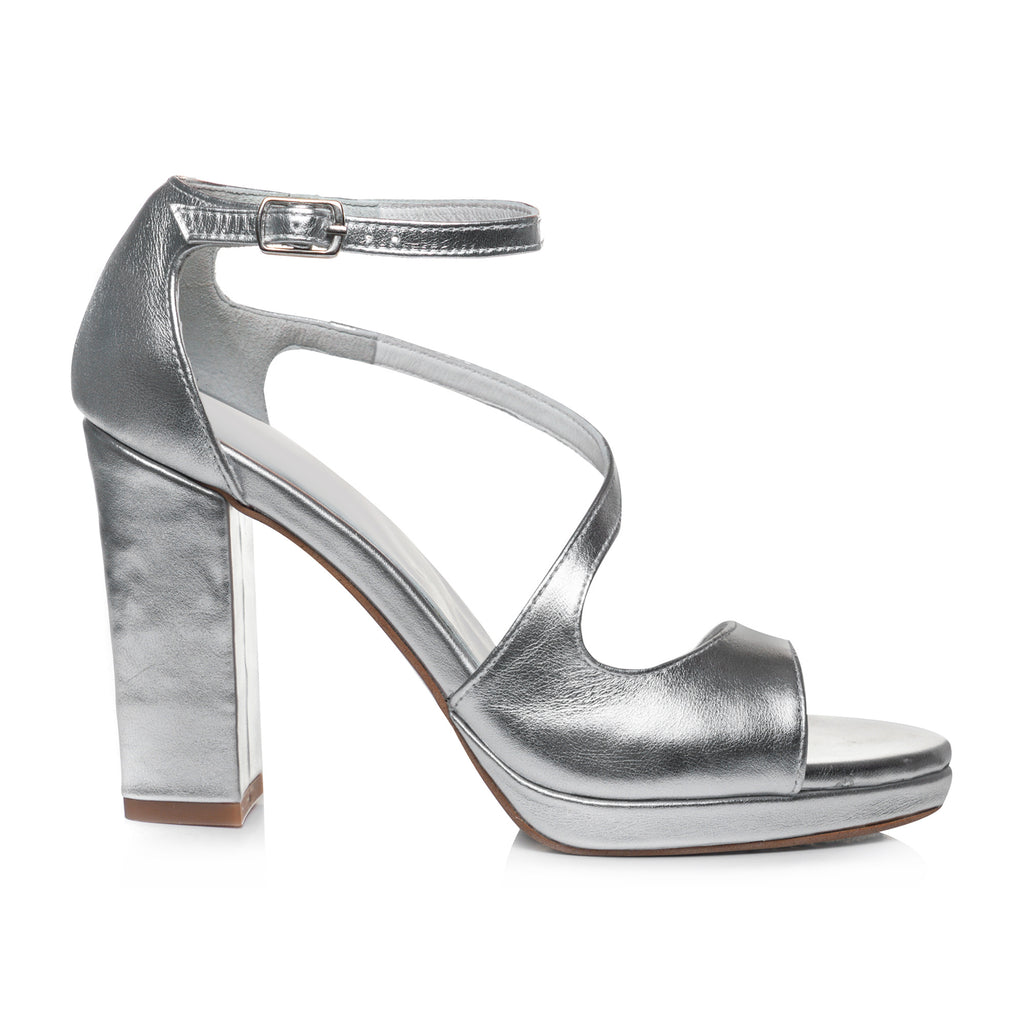 Sandale piele argintiu Toc Gros Estela- orice culoare